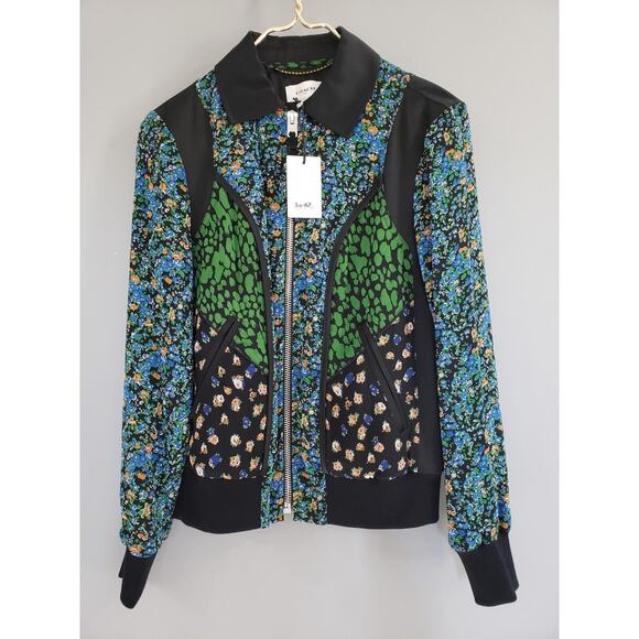 NEW Coach Framed Varsity Jacket Floral Multi Full Zip Black 100% Silk XS - Picture 1 of 11